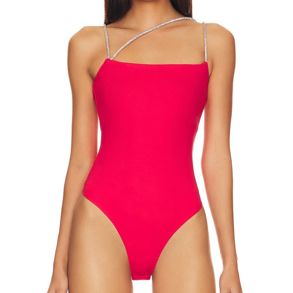 Lovers + Friends Red and Silver Rhinestone-Strap Bodysuit